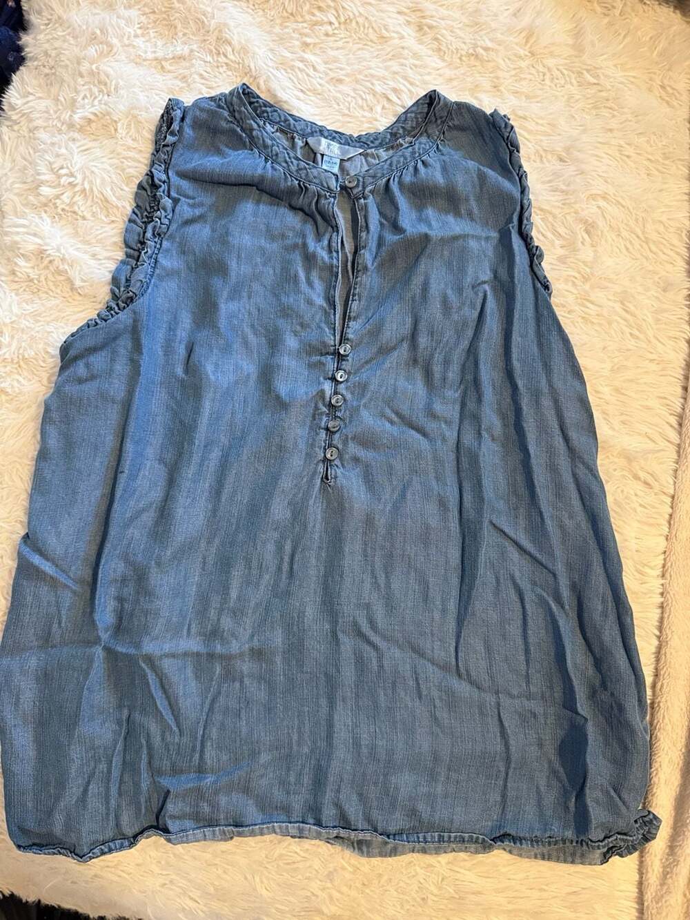 Time And Tru Denim Tank Top Size L (12-14) Blue Chambray Ruffled Sleeveless